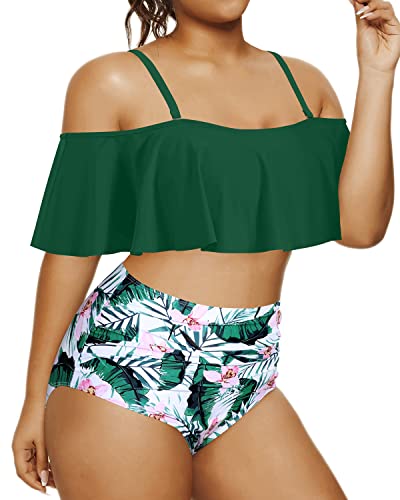 Soft Padded Bra Two Piece Swimsuits For Women Plus Size Bikini Set-Green Tropical Floral