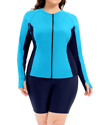 Plus Size Long Sleeve Rash Guard Zipper Front For Women-Aqua