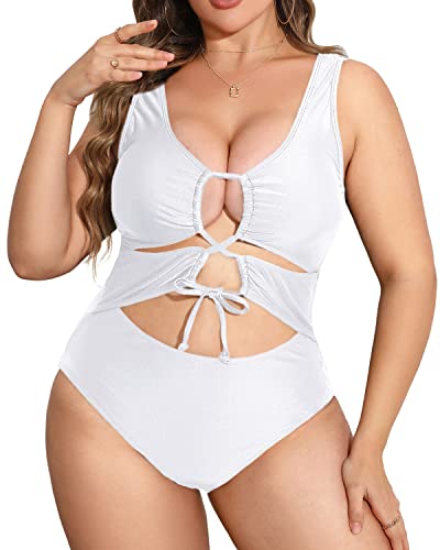 Women High Waisted Plus Size Cutout One Piece Swimwear For Women-White