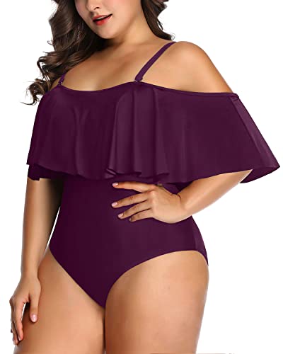 Charming Off Shoulder Tummy Control One Piece Swimsuit-Maroon