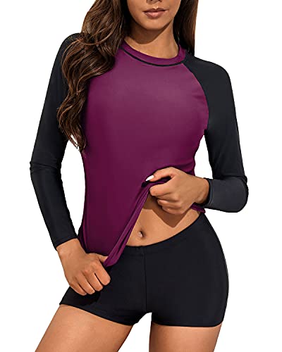 Two Piece Raglan Sleeve Ladies Rash Guard Swimsuit-Purple