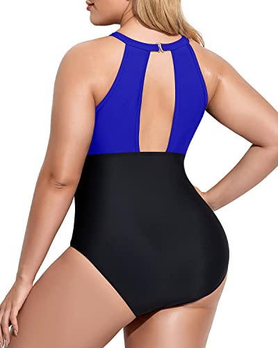 Sleek See-Through Mesh Monokini Plus Size Swimsuit-Royal Blue And Black