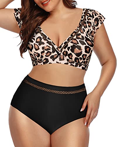 V-Neck Hollow Out Bikini Top And High Waisted Bottom Two Piece Swimsuits For Women-Black And Leopard