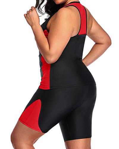 Racerback Plus Size Tankini Tummy Control And Boyshorts-Black And Red