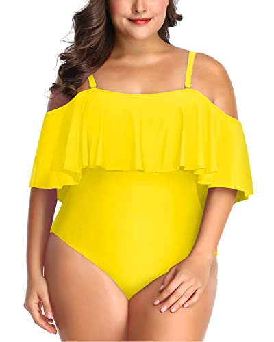 Stylish Flounce Top Tummy Control One Piece Swimwear-Neon Yellow