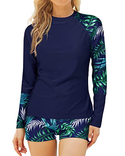 Breathable Uv Block Swimsuits Long Sleeve Swimming Suits Women-Navy Blue Leaf