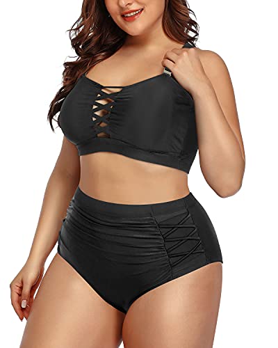 Ruched High Waisted Two Piece Bikini Set For Plus Size Women-Black