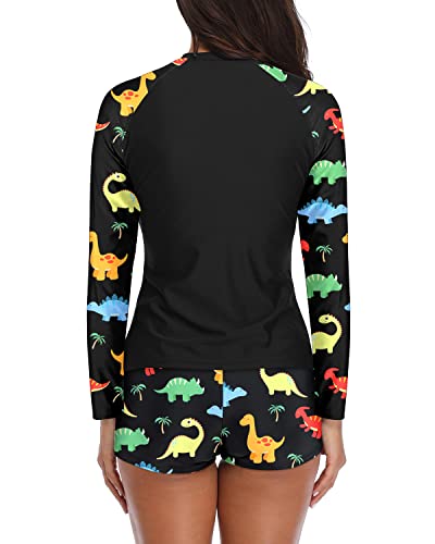 Women's Boyshort Swimsuit Set Rash Guard Top-Colorful Dinosaur