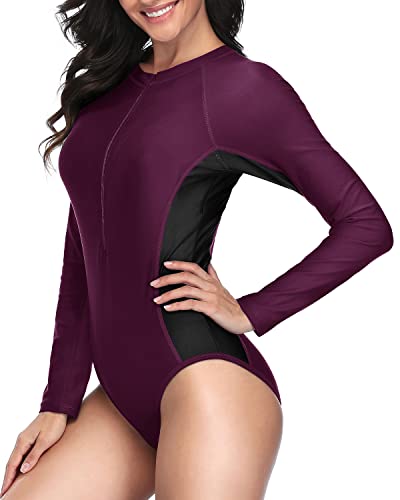 Women's Surfing One Piece Swimsuit Beach Rash Guard-Maroon