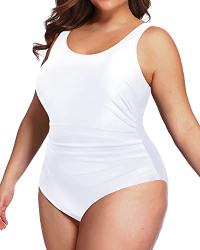 Plus Size Backless Tummy Control Ruched One Piece Swimsuit-White