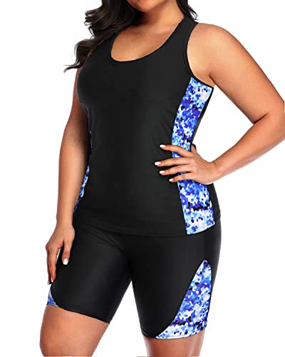 Women Scoop Neck Plus Size Racerback Tankini Set Boyshorts-Black And Geometry