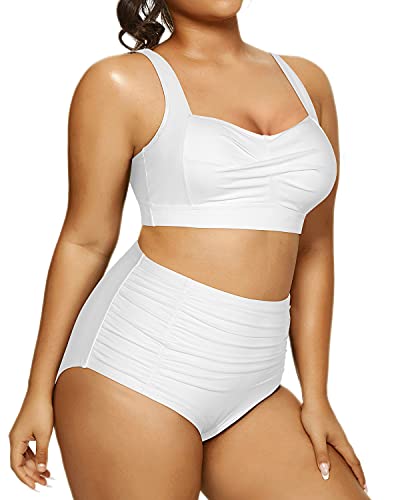 Plus Size High Waisted Bikini Adjustable Straps For Curvy Women-White