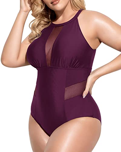 Stylish Open-Back Plus Size One Piece Swimsuit For Curvy Women-Maroon