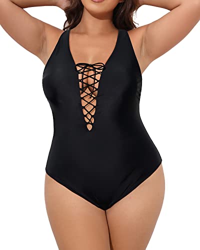 Plunging Lace-Up Plus Size One Piece Swimsuits For Women-Black