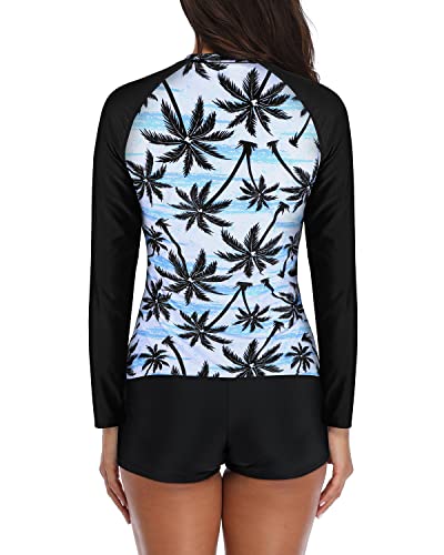 Women's Uv Block Rash Guard Swim Shirt And Shorts Set-Black Palm Tree