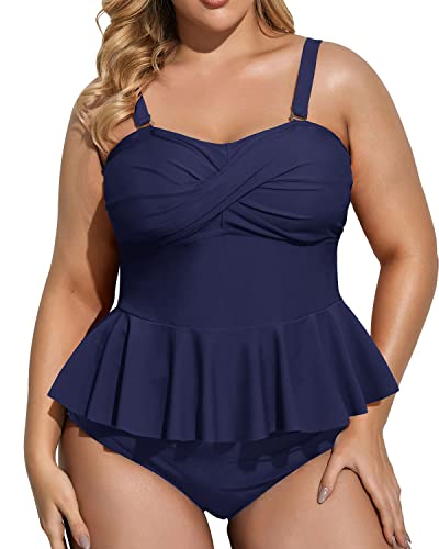 Strapless Bandeau Peplum Tankini High Waisted Tummy Control Bottom Plus Size Swimsuit-Navy Blue