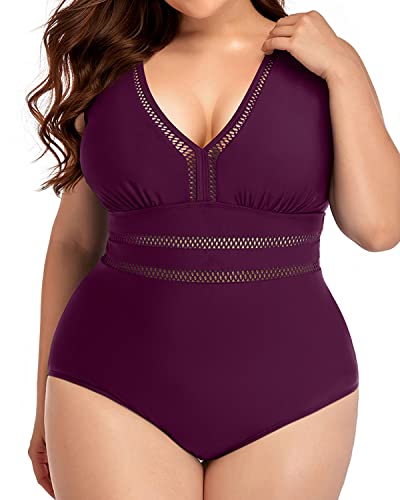 Elegant Plus Size Hollow Out V Neck Swimsuit-Maroon