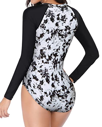 Women's Zippered Rash Guard Long Sleeve One Piece Swimsuit Upf 50+-Black Tie Dye