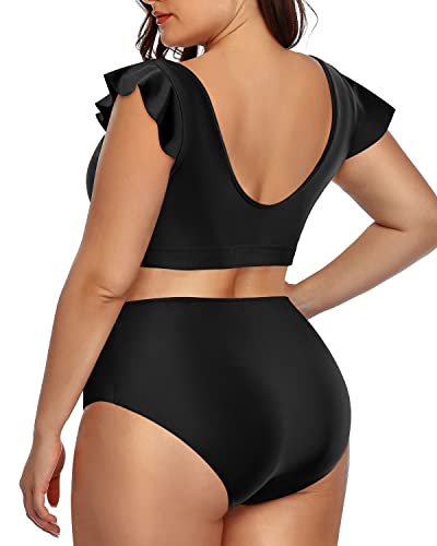 Ruffled Sleeve Bikini Top And High Waisted Bottom Two Piece Swimsuits For Women-Black