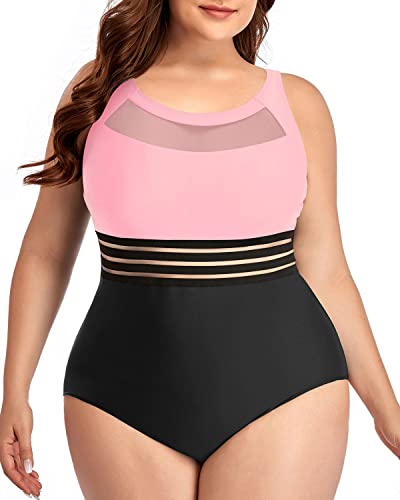 Sexy Mesh High Neck Plus Size One Piece Swimwear For Women-Pink And Black