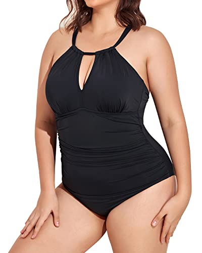 Plus Size Plunge Mesh Cut Out One Piece Swimsuit For Women-Black