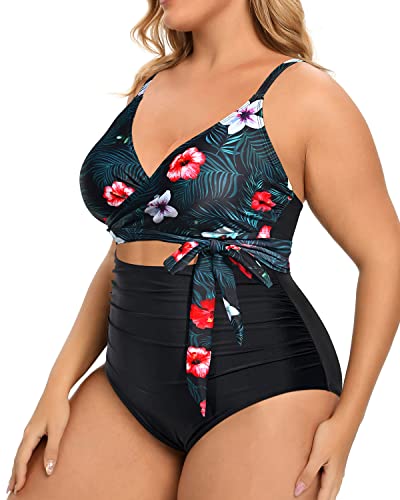 Sexy Wrap Criss Cross Belted Plus Size One Piece Swimsuits-Black Floral