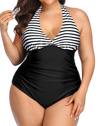 Sexy Halter One Piece Push Up Swimsuits For Women-Black And White Stripe