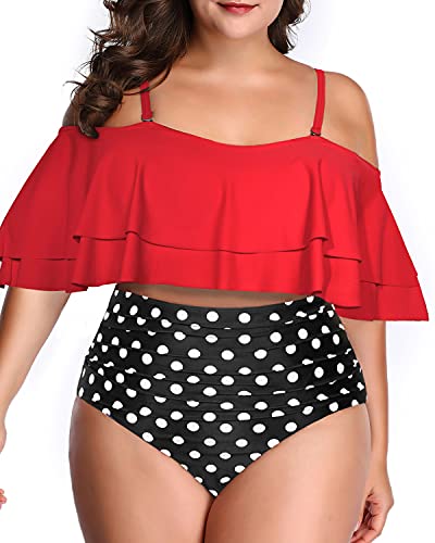 Plus Size Off Shoulder Bathing Suit Double Ruffle-Red Dot