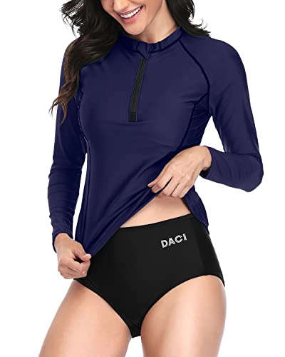 Ladies Exclusive Uv Block Two Piece Long Sleeve Rash Guard Swimsuit-Navy Blue