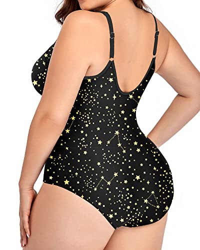 Ruched Tummy Control Zip Front Plus Size One Piece Swimsuit-Gold Stars