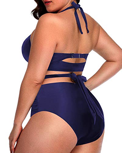 Tummy Slimming Plus Size Bikini Set Halter Neckline-Navy Blue