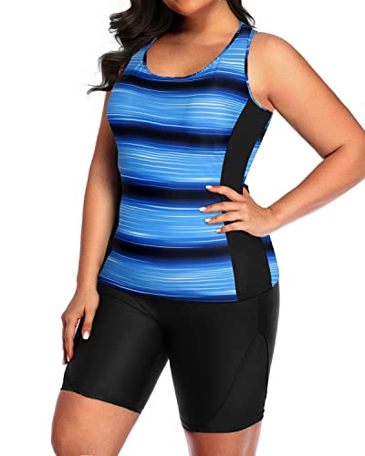 Wide Strap Unitard Two Piece Athletic Tankini For Plus Size Women-Blue And Black Stripe