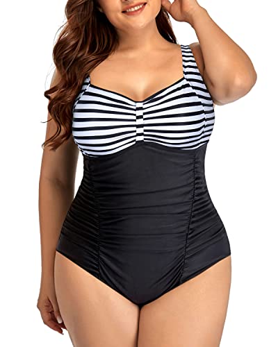 Adjustable Strap Tummy Control One Piece Swimsuit For Women-Black And White Stripe