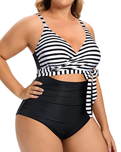 Plunge V Neck Cutout Bathing Suits Plus Size One Piece Swimsuits-Black And White Stripe