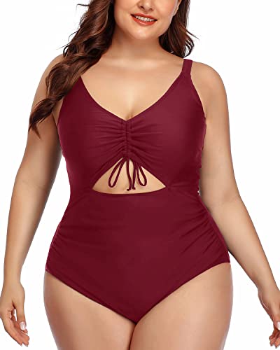 Fashionable Cutout Plus Size Swimsuit Drawstring-Maroon