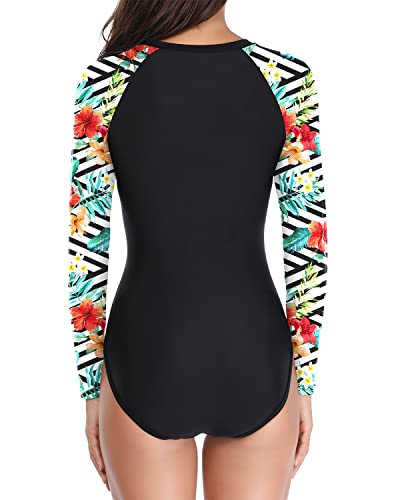 Women's One Piece Long Sleeve Swimwear Rash Guard-Black And Striped Leaves