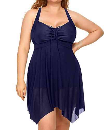 Padded Bra Long Torso Swimsuits Two Piece Swim Dress-Navy Blue