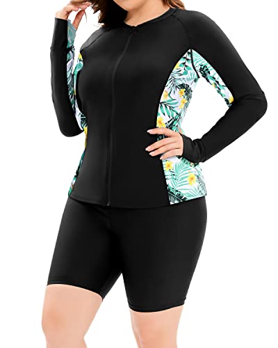 Plus Size Sun Protection Rash Guard And Shorts Set For Women-Black Leaf