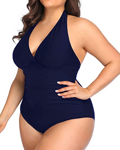 Plus Size Push Up One Piece Swimsuits Halter-Navy Blue