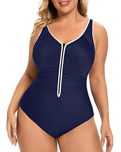 Ruched Tummy Control Plus Size One Piece Zipper Swimsuits-Navy Blue