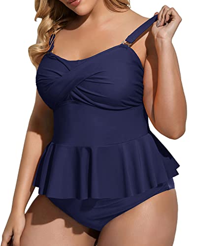 Strapless Bandeau Peplum Tankini High Waisted Tummy Control Bottom Plus Size Swimsuit-Navy Blue