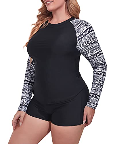 Women's Plus Size 2 Piece Rash Guard Swimsuit Boyleg Bottom-Black And White Snake Print