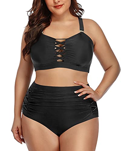 Ruched High Waisted Two Piece Bikini Set For Plus Size Women-Black