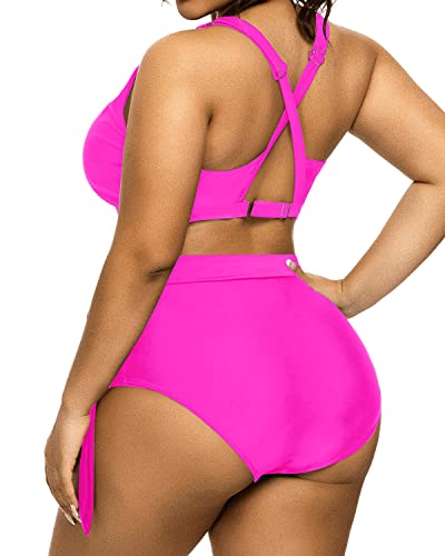 Sexy V-Neck Keyhole Bikini Plus Size Tie Knot Swimwear-Neon Pink