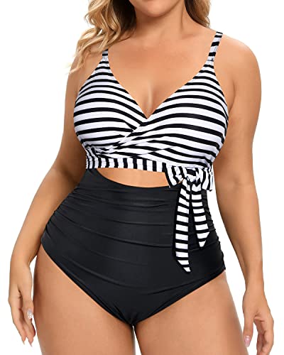 Plunge V Neck Cutout Bathing Suits Plus Size One Piece Swimsuits-Black And White Stripe