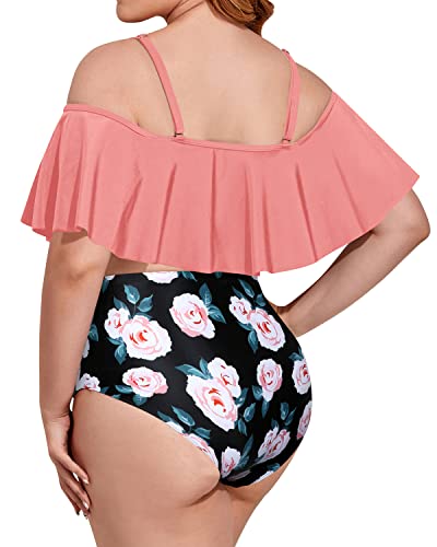 Ruched Off Shoulder High Waisted Plus Size Bikini-Coral Pink Floral