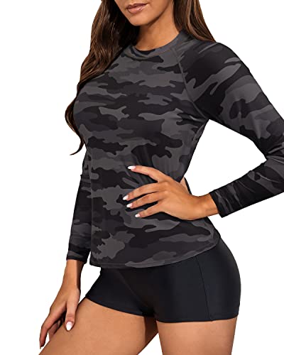 Women's Long Sleeve Two Piece Rash Guard And Boyshort Swimsuit Set-Black Camouflage