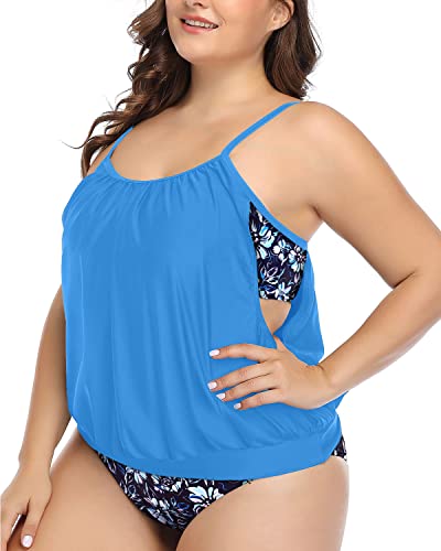 Mom Belly Hiding Tankini Swimsuits Shorts Plus Size-Blue Flower On Black