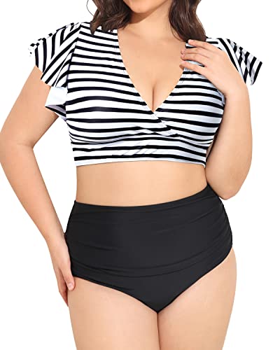 Ruffled Sleeve Two Piece Swimsuits Plus Size High Waisted Bikini-Black And White Stripe