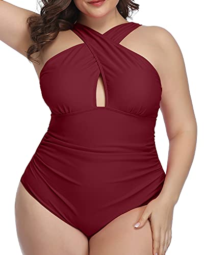 Slimming Backless Plus Size One Piece Swimsuits For Women-Maroon